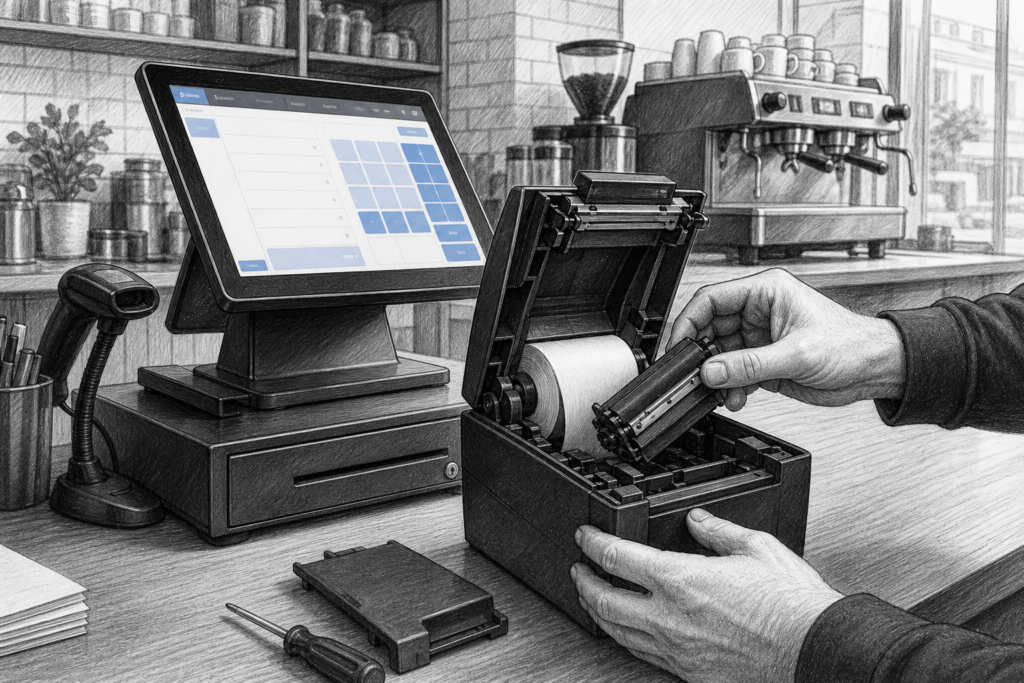 Black-and-white illustration of receipt printer components being serviced in a UK EPOS installation