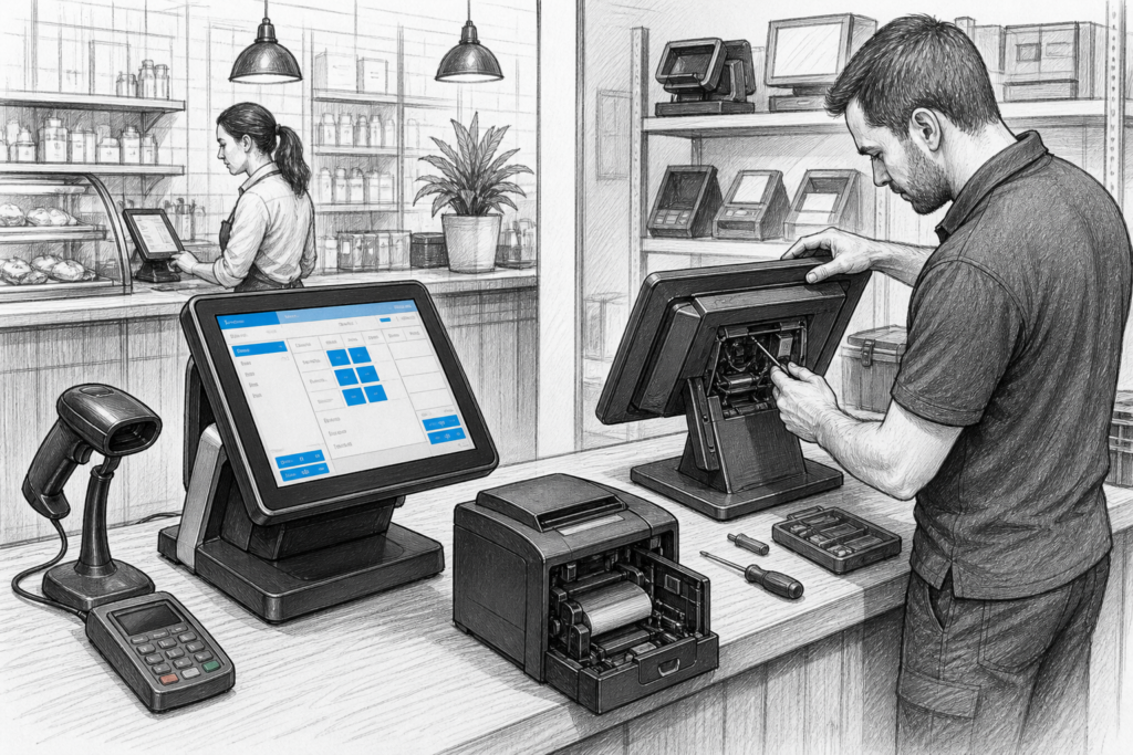Pencil and ink illustration of serviceable POS hardware in a UK retail and hospitality support environment