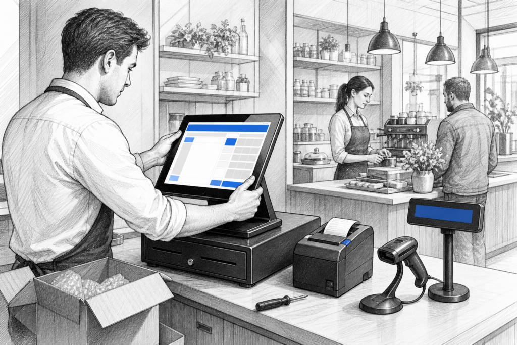 Black-and-white illustration of a Windows POS upgrade in a UK retail or hospitality checkout