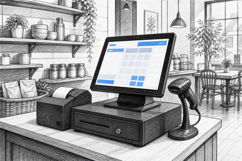 Black-and-white illustration of a Windows POS terminal used in a UK retail or hospitality checkout