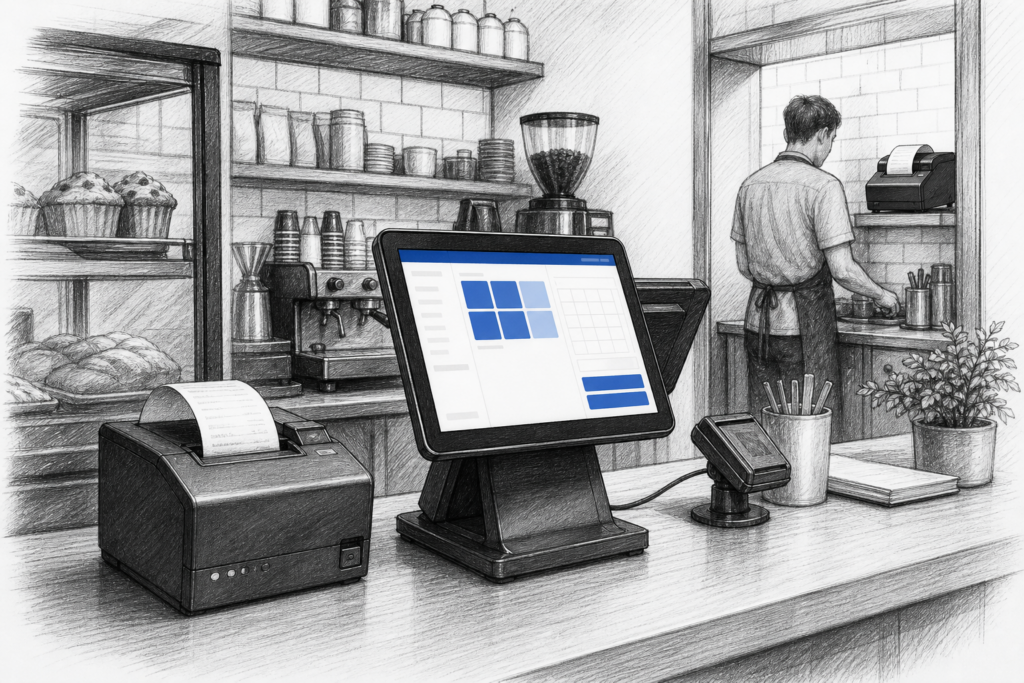Black and white illustration of thermal receipt printers in a modern UK EPOS setup for retail and hospitality