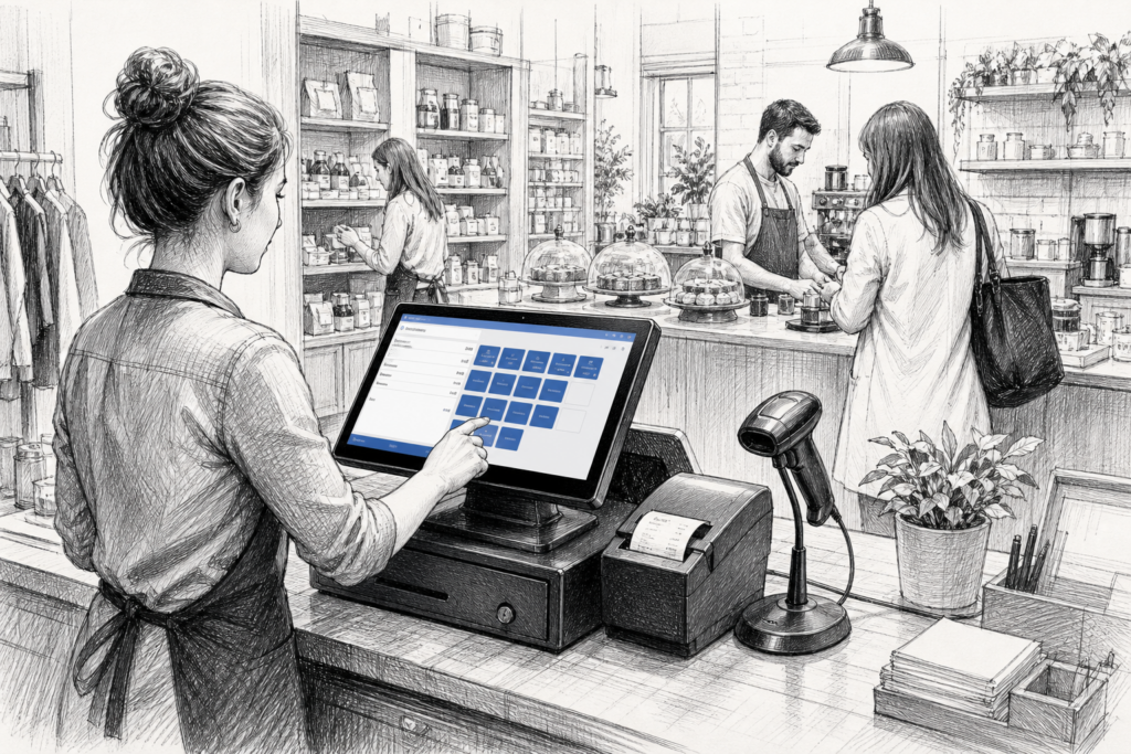 Pencil and ink illustration of a Windows POS terminal in a UK retail or hospitality checkout setup.