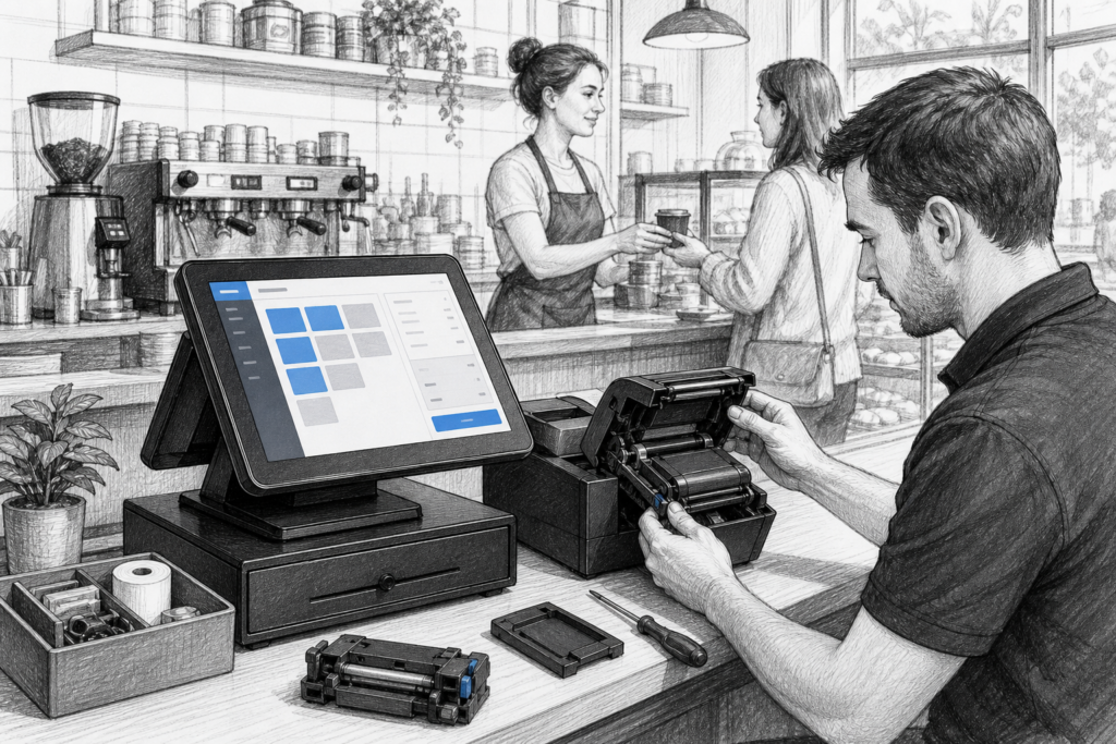 Black and white illustration of serviceable POS hardware in a UK retail or hospitality counter, showing a touchscreen terminal and receipt printer being maintained.