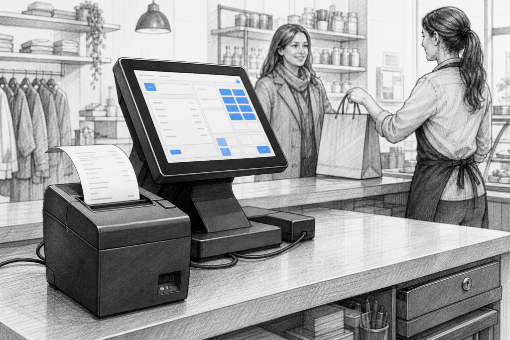 Black-and-white illustration of a thermal receipt printer beside a touchscreen POS terminal in a busy UK retail or hospitality counter area, with subtle YCR blue accents.
