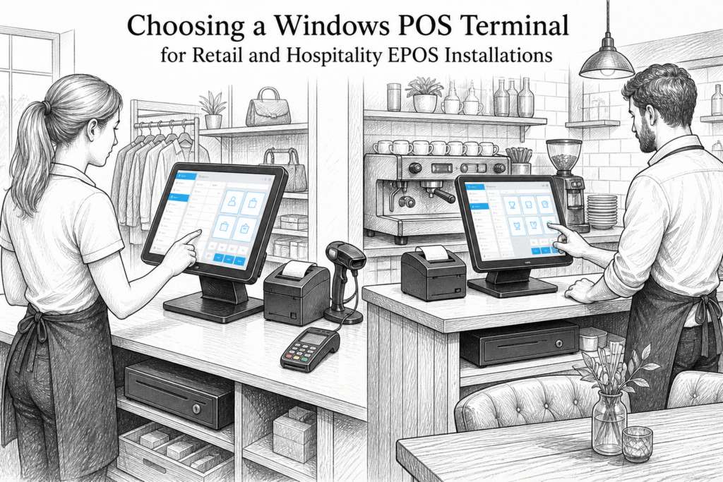 Black-and-white illustration of a Windows POS terminal in a UK retail and hospitality EPOS installation