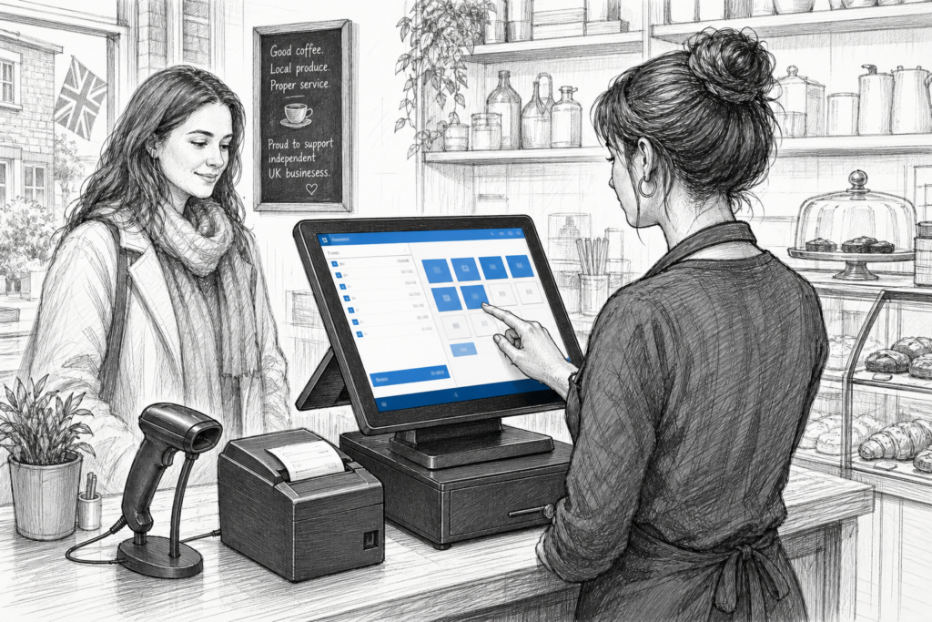 Black-and-white illustration of a Windows POS terminal in a UK retail or hospitality checkout setup.