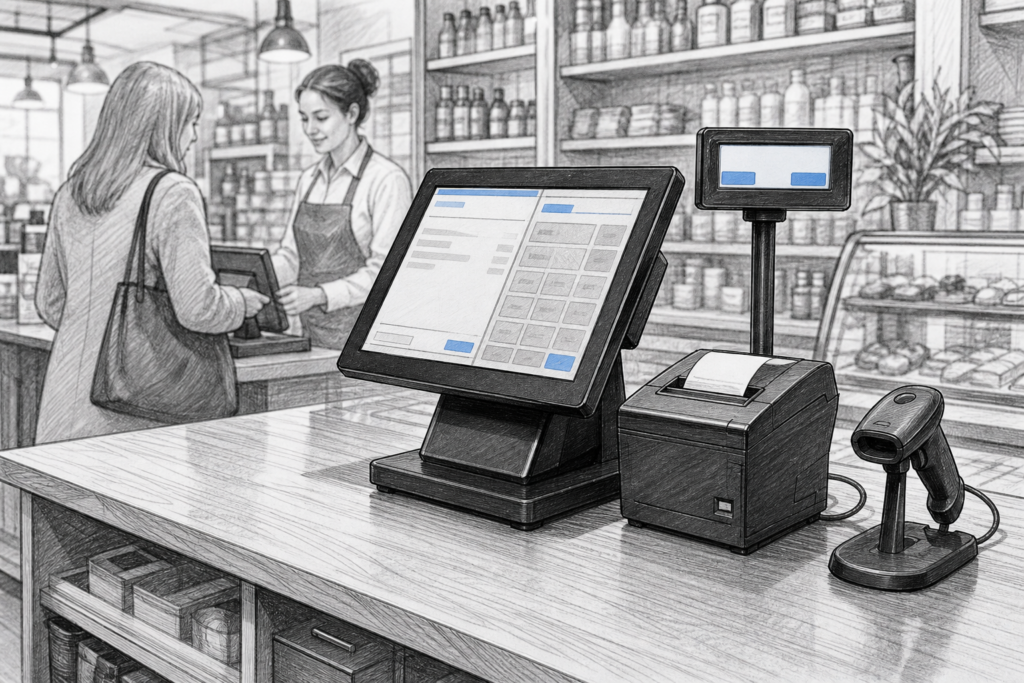 Black-and-white illustration of a Windows POS terminal in a modern UK retail and hospitality EPOS setup