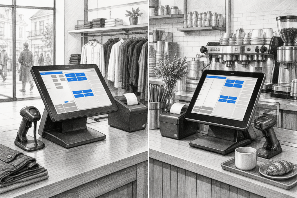 Black-and-white illustration of Windows POS terminals in a UK retail checkout and hospitality counter setting